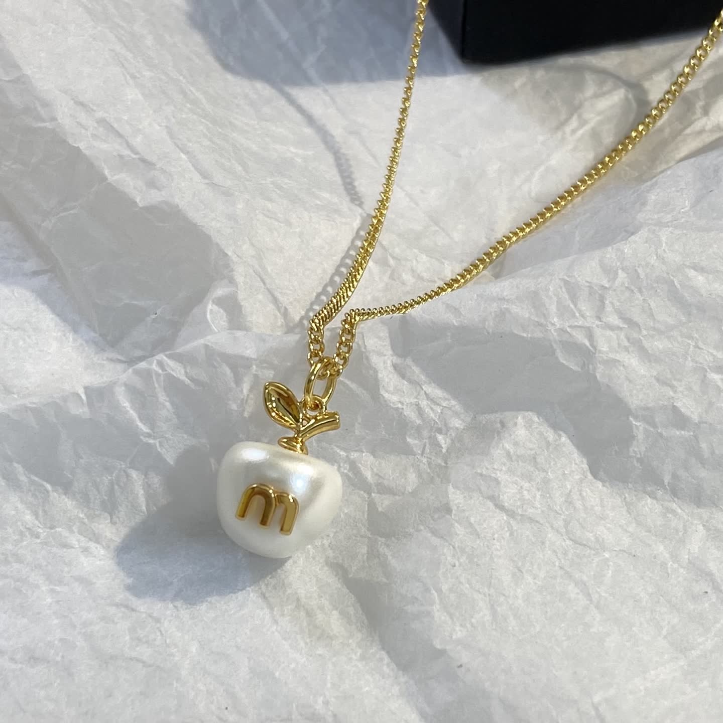 Miu Miu Gold Apple Pearl Pendant Necklace